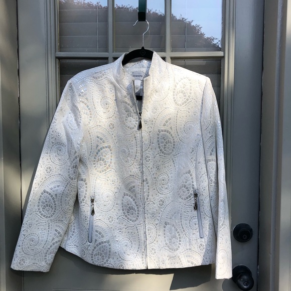 Chico’s Metallic Jacquard Zip Formal Blazer Lined White Shimmer Size 2 - Picture 1 of 8